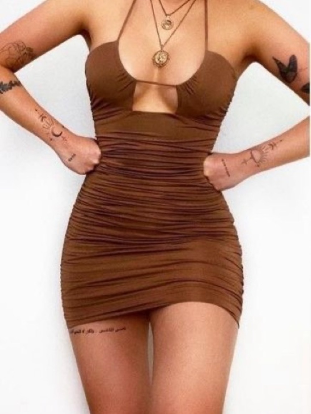 Brown Ruched Bodycon Mini Dress - Women